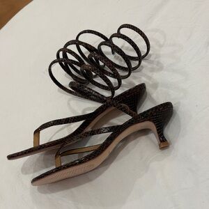 Reformation Dark Brown Snake-Print Strappy Kitten Heel Sandals